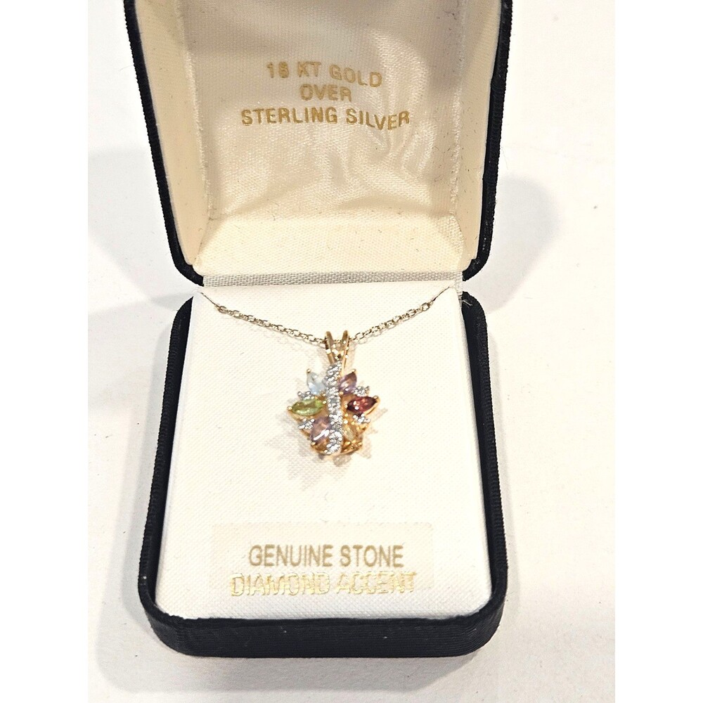14 KT Gold Over Sterling Necklace Genuine Stone with Diamond Accents NIB